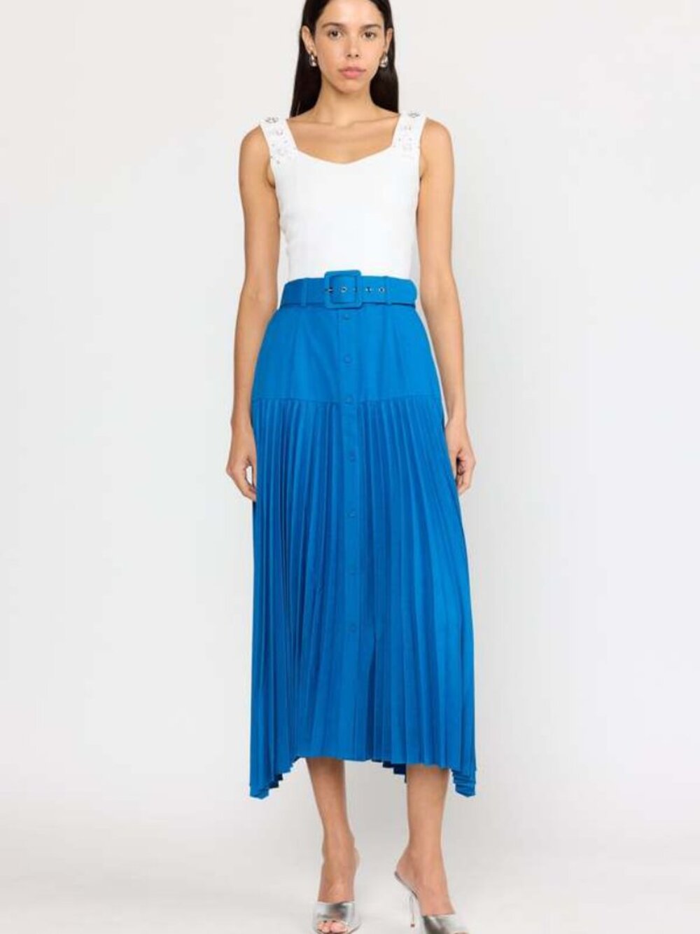 Women’s Pleated Midi Skirt in Deep Blue with Button Front